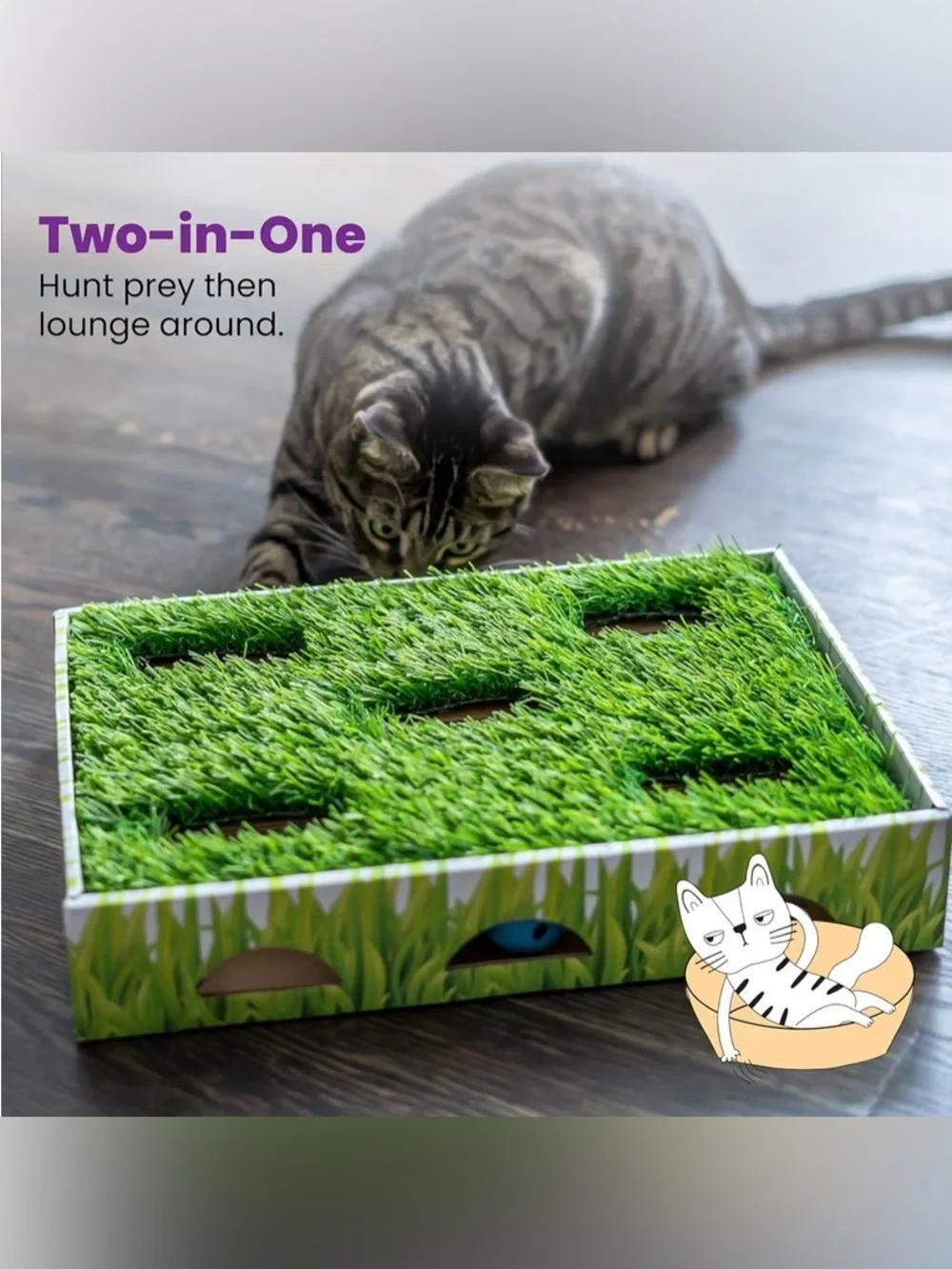 Lot for a lucky cat! Grass patch hunting box, scratcher bed, stuffed catnip toys